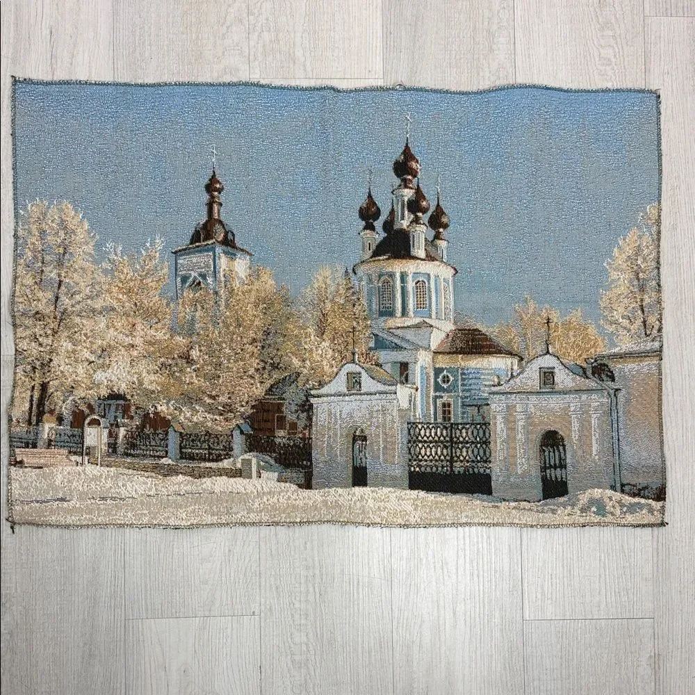 Woven Tapestry Wall Hanging Winter Church Scene 19.7 x 29.5
